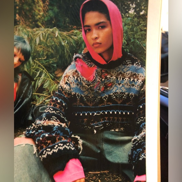 Newton Trading Co.destroyed Fair Isle Shetland wool sweater as seen on a model. - Picture 4 of 4